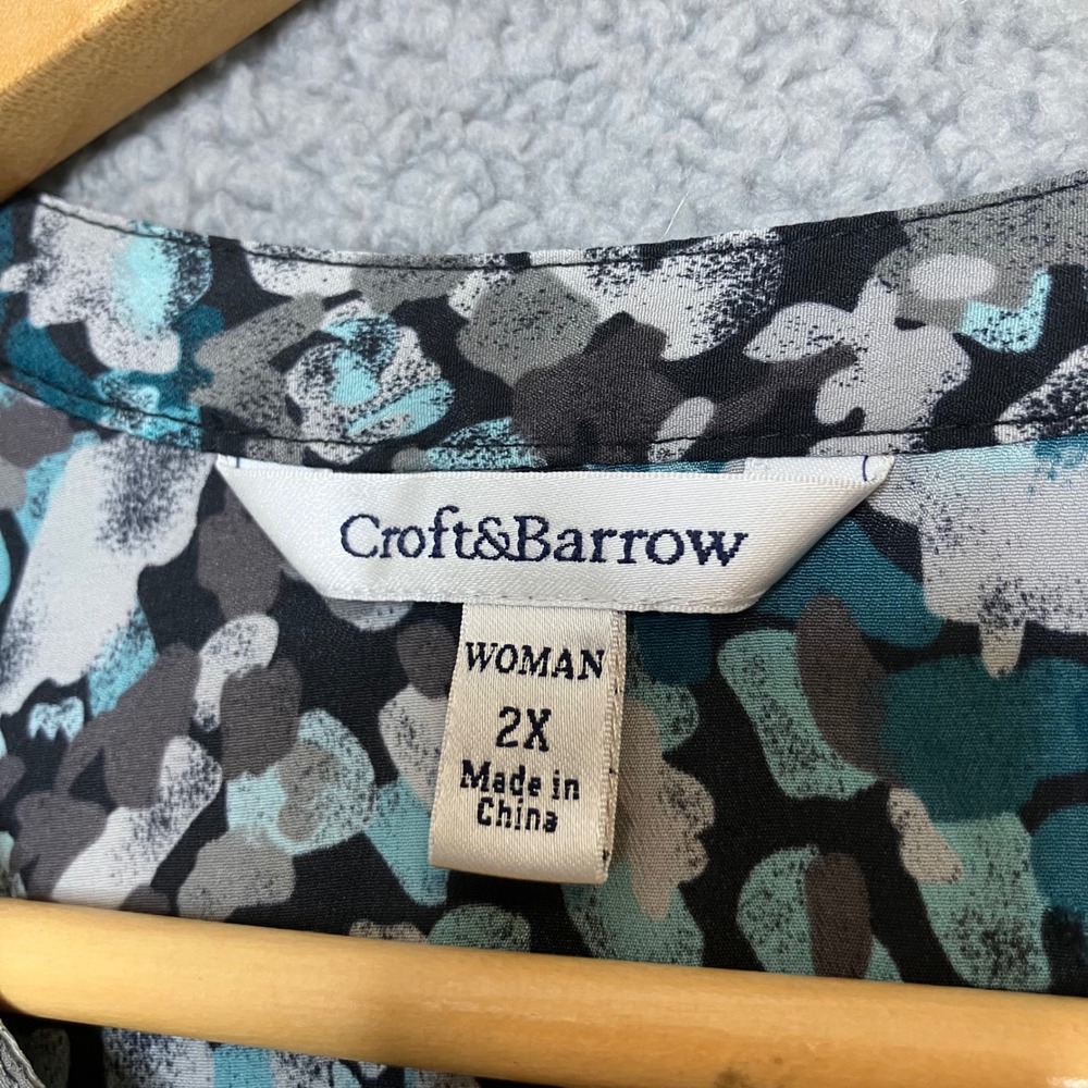 Croft&Barrow Button Up Blouse Women 2X Plus Teal Office Artsy Ruffle Spring Top - Picture 3 of 7